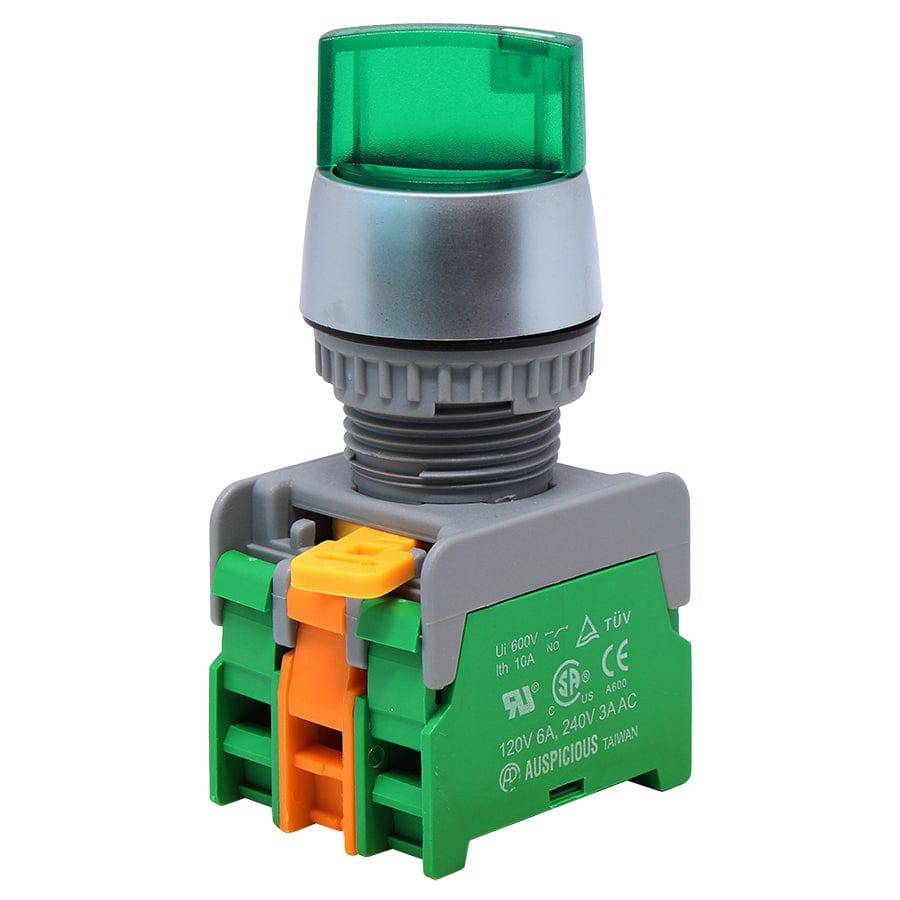 SL223-2/O-24-GN - Illuminated Twist Knob Switch - 2 Contact (2/O) - 3 Positions (1-0-2) - Green