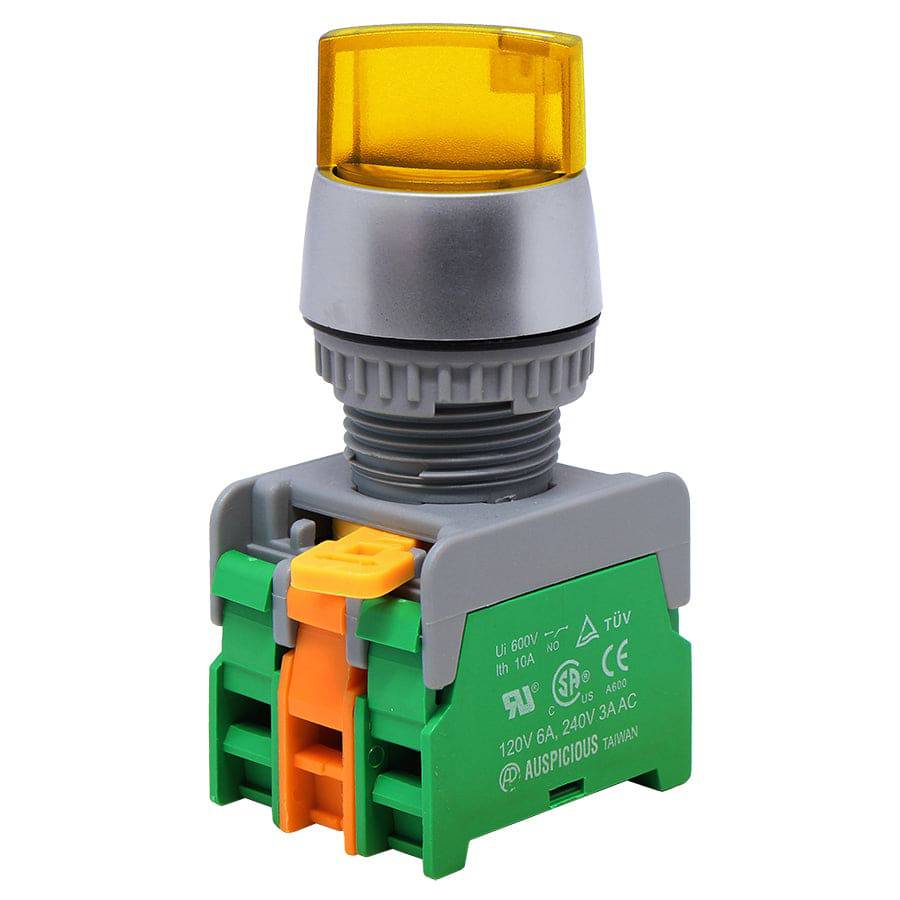 SL223-2/O-YL - 110V Illuminated Twist Knob Switch - 2 Contact (2/O) - 3 Positions (1-0-2) - Yellow