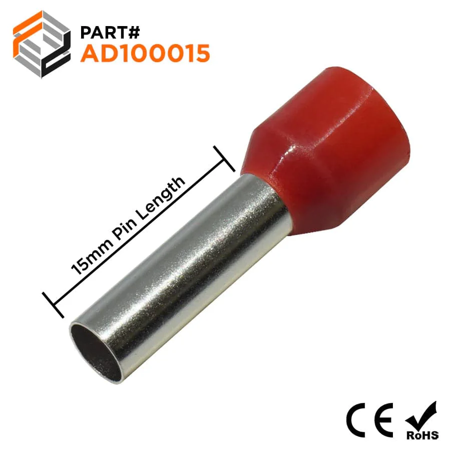 AD100015 - 8 AWG Insulated Wire Ferrules, 15mm Pin, Red, 100 Pieces