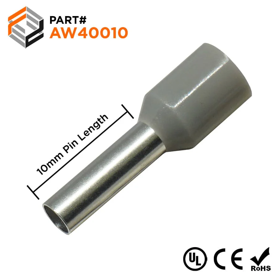 AW40010 - 12 AWG Insulated Wire Ferrules, 10mm Pin, Gray, UL Recognized, 500 Pieces