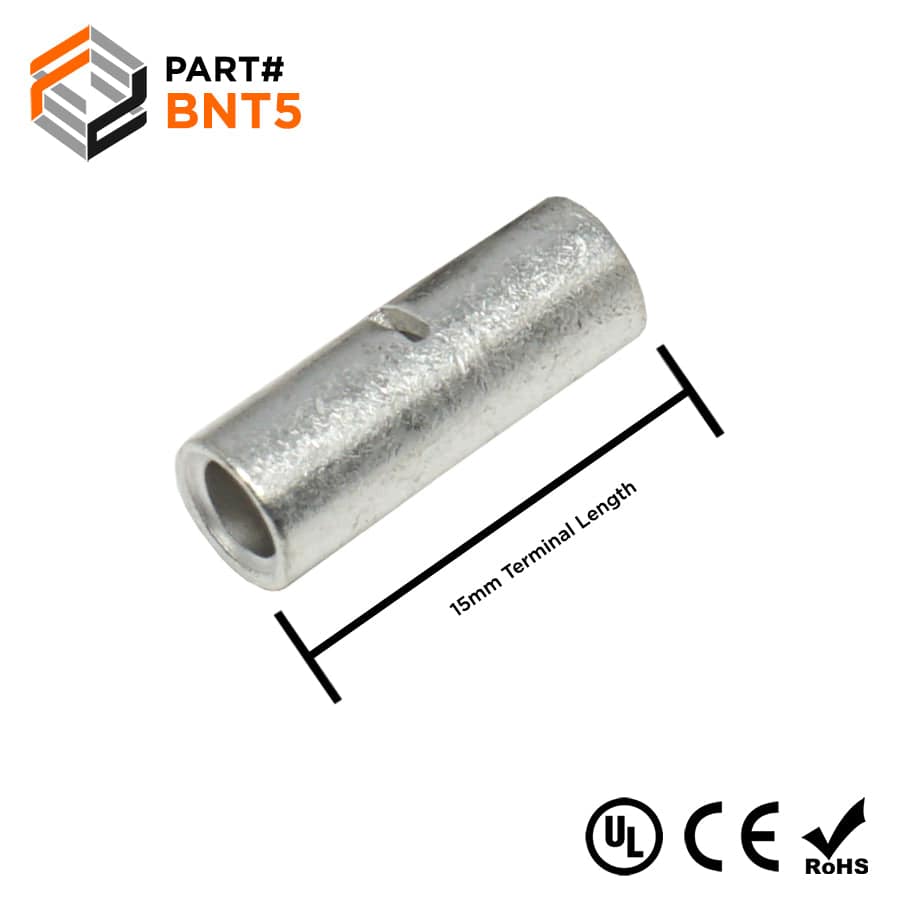 BNT5 - 12-10 AWG Non Insulated Butt Splice Connectors, 9/16" Length, UL Approved, 100 Pieces