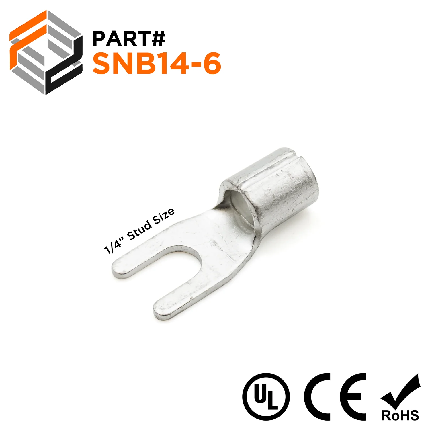 SNB14-6- 6 AWG Non Insulated Spade Terminals, 1/4" Stud, UL Recognized, 50 Pieces