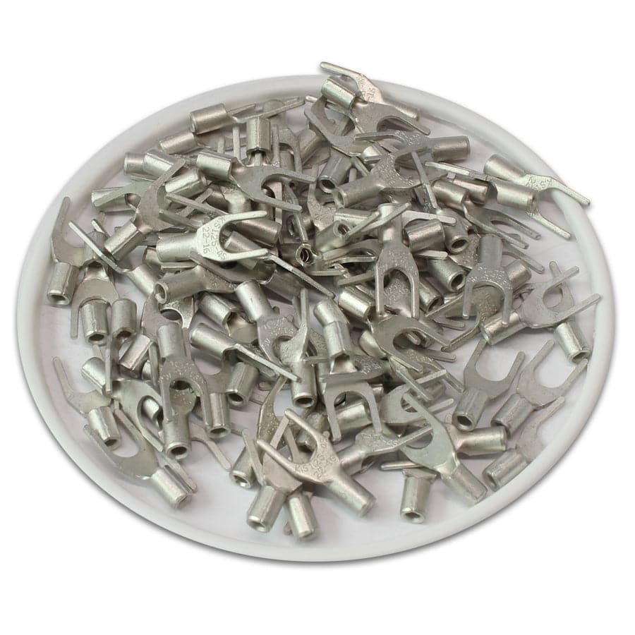 22-16 AWG Non Insulated Spade Terminals, #8 Stud, UL Approved, 100 Pieces - SNBS1-4