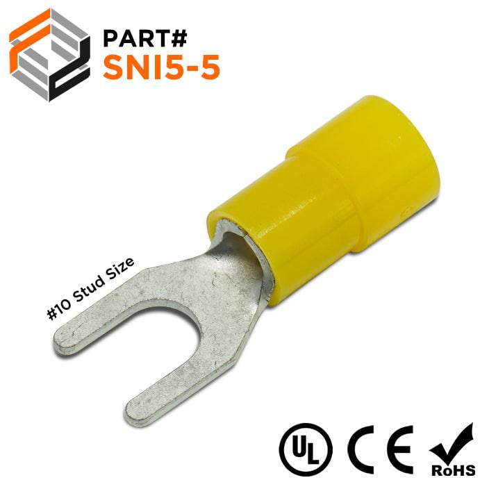 SNI5-5 - 12 to 10 AWG Polycarbonate Spade Terminals, #10 Stud, 100 Pieces