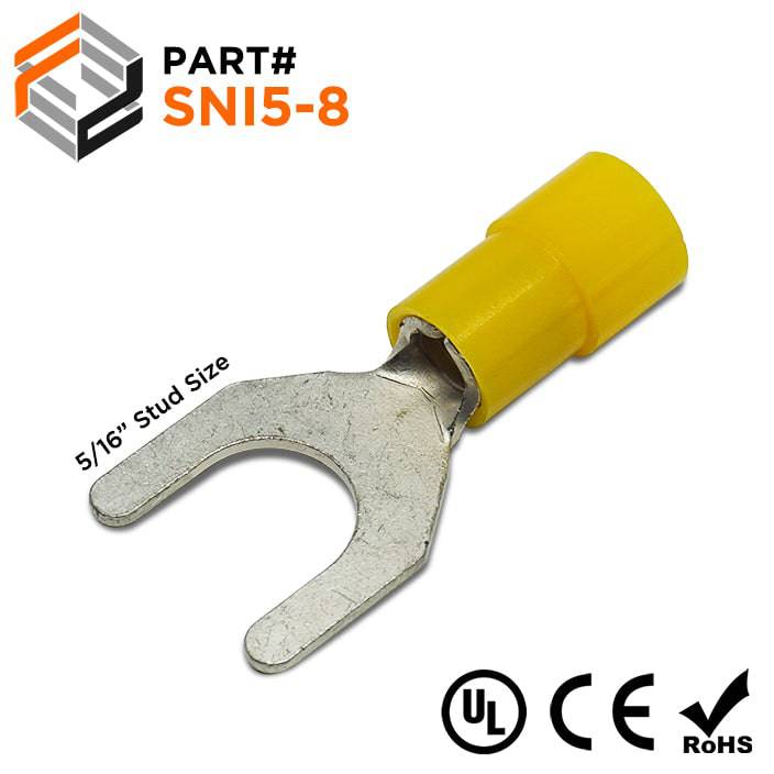 SNI5-8 - 12 to 10 AWG Polycarbonate Spade Terminals, 5/16" Stud, 100 Pieces