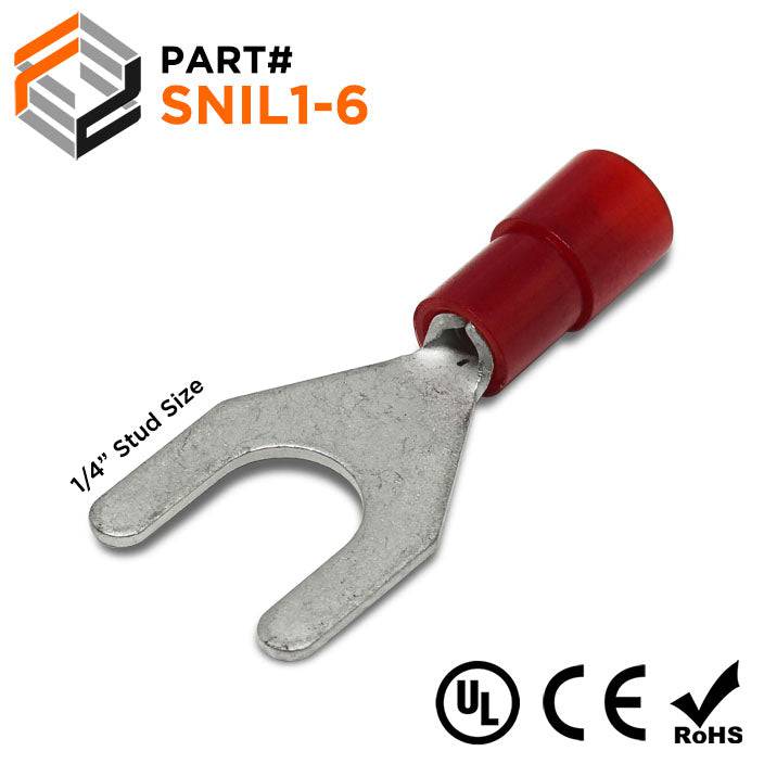 SNIL1-6 - 22 to 16 AWG Polycarbonate Spade Terminals, 1/4" Stud, 100 Pieces