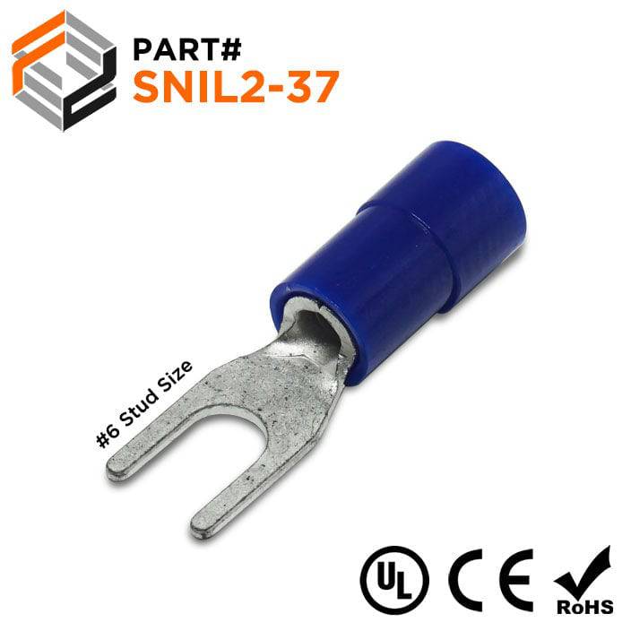 SNIL2-37 - 16 to 14 AWG Polycarbonate Spade Terminals, #6 Stud, 100 Pieces