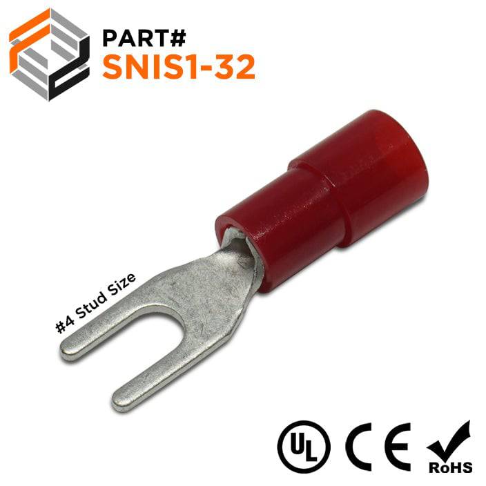 SNIS1-32 - 22 to 16 AWG Polycarbonate Spade Terminals, #4 Stud, 100 Pieces