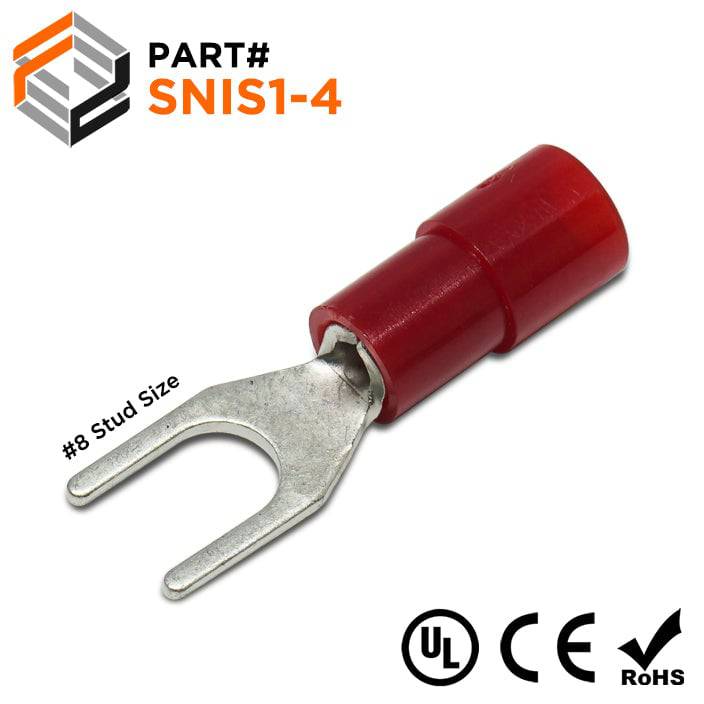 SNIS1-4 - 22 to 16 AWG Polycarbonate Spade Terminals, #8 Stud, 100 Pieces