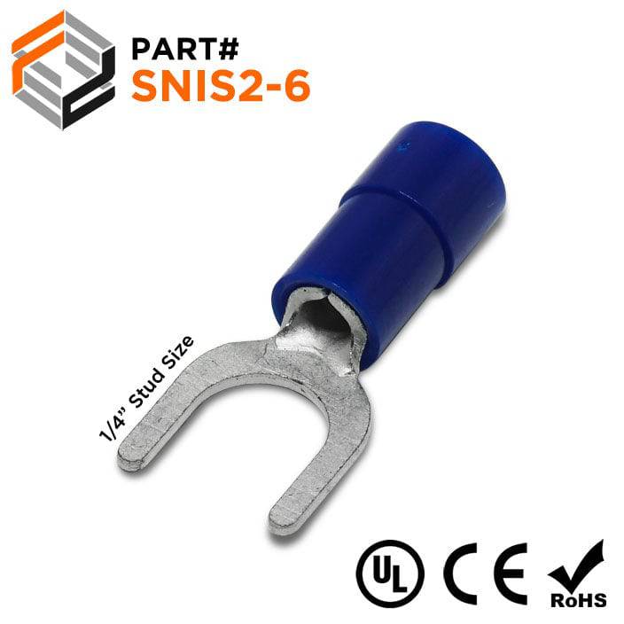SNIS2-6 - 16 to 14 AWG Polycarbonate Spade Terminals, 1/4" Stud, 100 Pieces