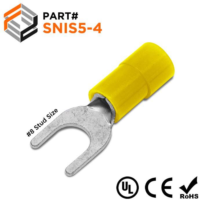 SNIS5-4 - 12 to 10 AWG Polycarbonate Spade Terminals, #8 Stud, 100 Pieces