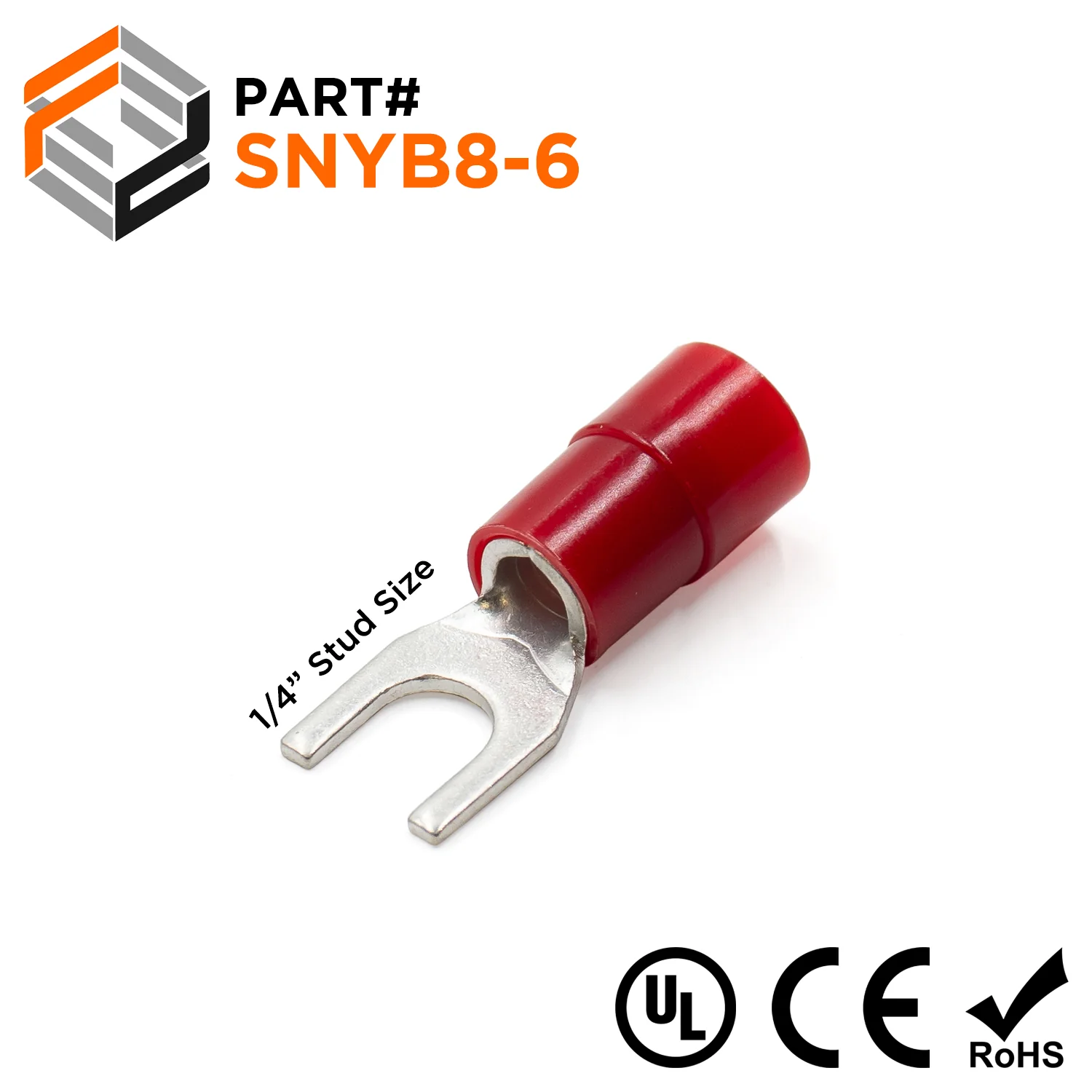 SNYB8-6 - 8 AWG Nylon Insulated Spade Terminals, 1/4" Stud Size, Red, 50 Pieces
