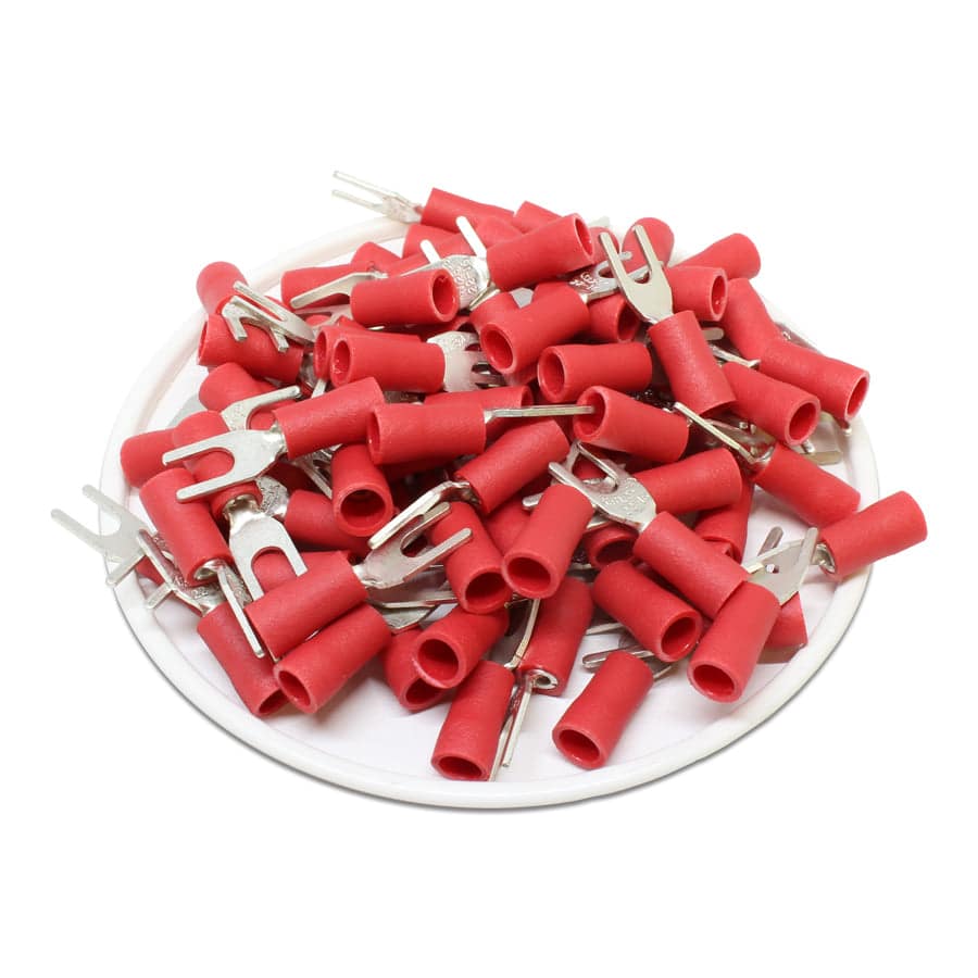 22 to 16 AWG Vinyl PVC Insulated Spade Terminals, #4 Stud, Butted Seam, Red, 100 Pieces - SV1-32