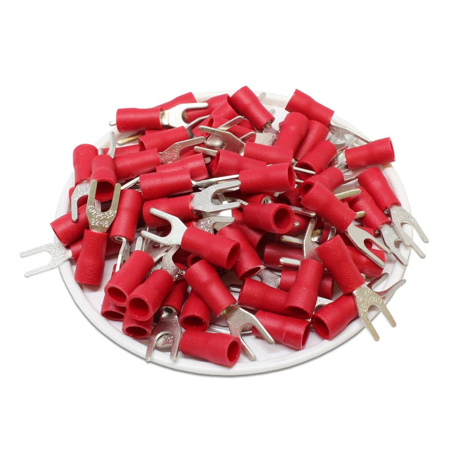 SVL1-37 - 22 to 16 AWG Vinyl PVC Insulated Spade Terminals, #6 Stud, Red, 100 Pieces
