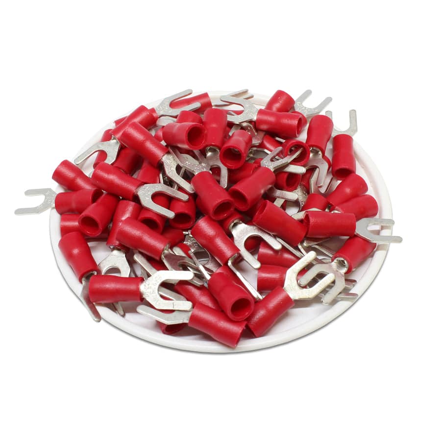 SVL1-4 - 22 to 16 AWG Vinyl PVC Insulated Spade Terminals, #8 Stud, Red, 100 Pieces