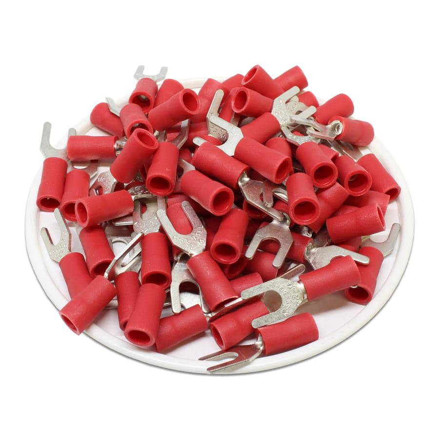 SVLL1-37 - 22 to 16 AWG Vinyl PVC Insulated Spade Terminals, #6 Stud, Red, 100 Pieces