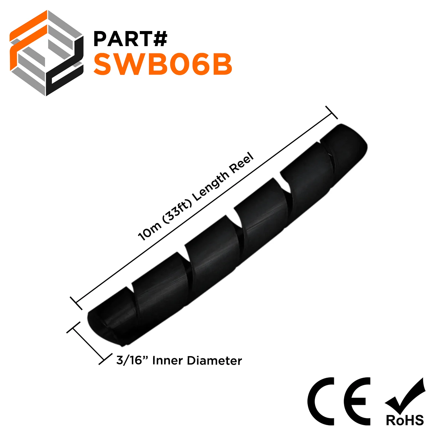 3/16" Polyethylene Spiral Wrap Tubing, Cable Wrap, Black, 33-ft Bundle - SWB06B