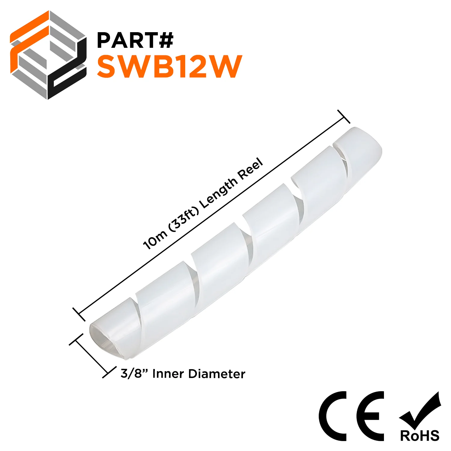 3/8" Polyethylene Spiral Wrap Tubing, Cable Wrap, White, 33-ft Bundle - SWB12W