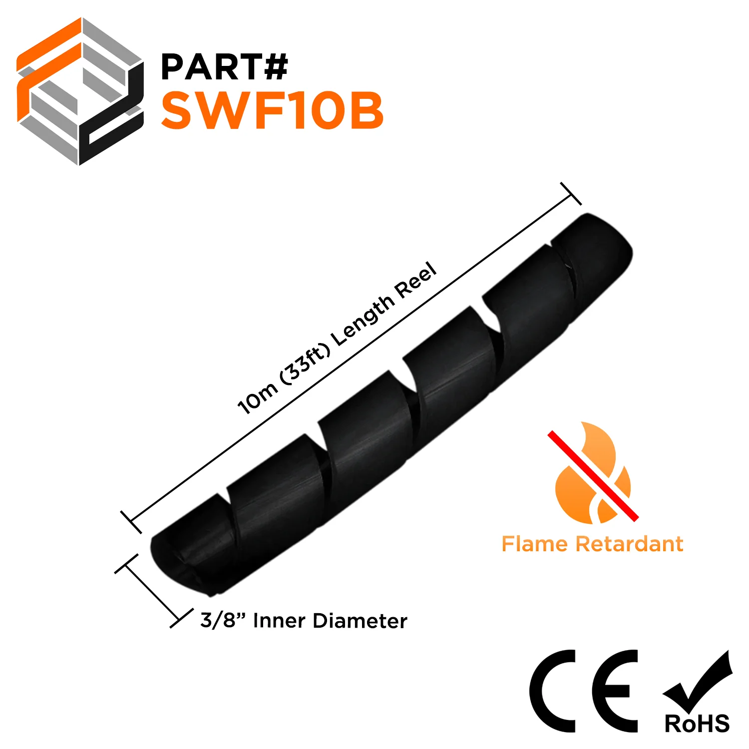 3/8" Flame Retardant Spiral Wrap PE Tubing, Color: Black, 33ft Bundle - SWF10B