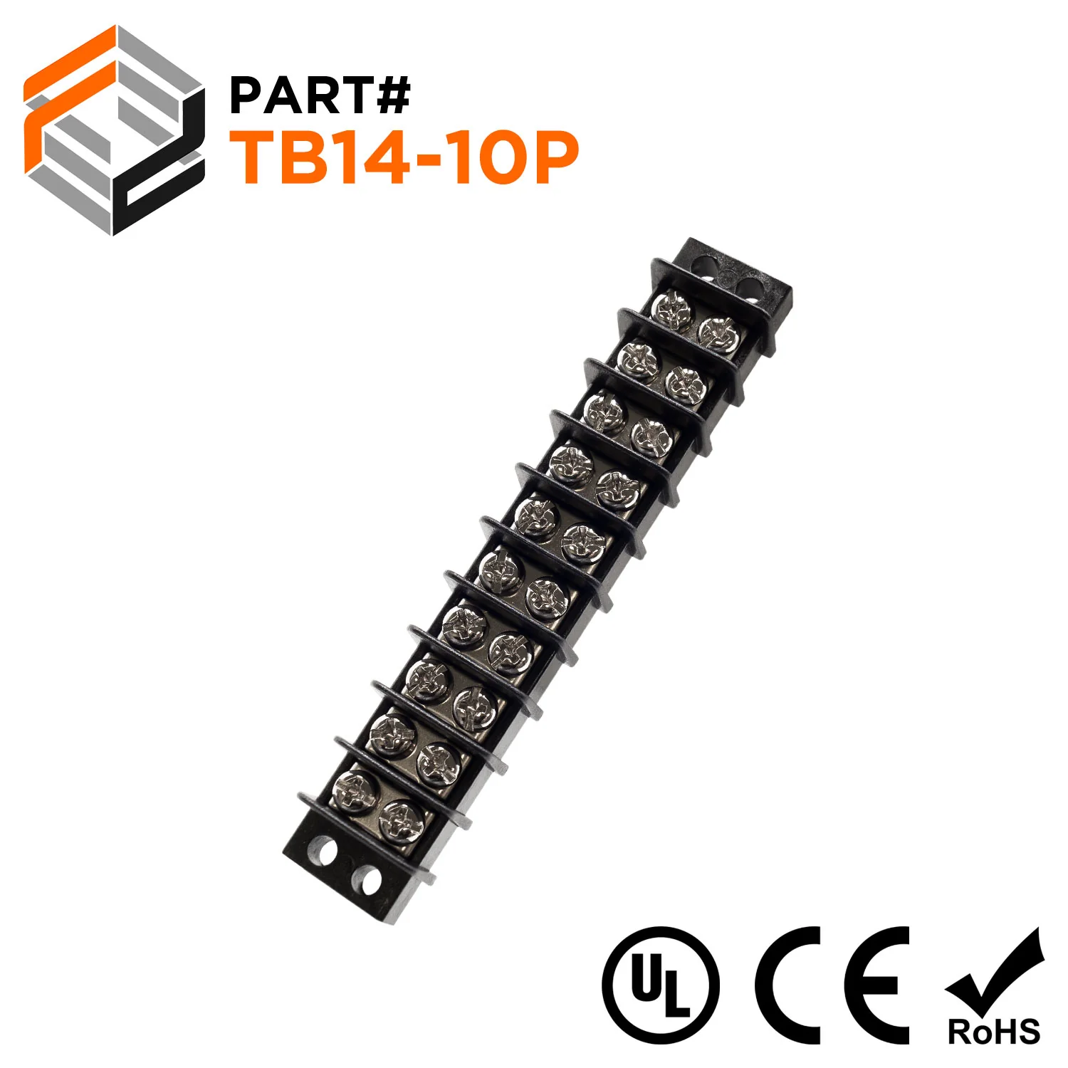 Barrier Strip Terminal Block, Terminal Strip, 10 Pole, Double Row, 15A, 300V, UL Approved - TB14-10P