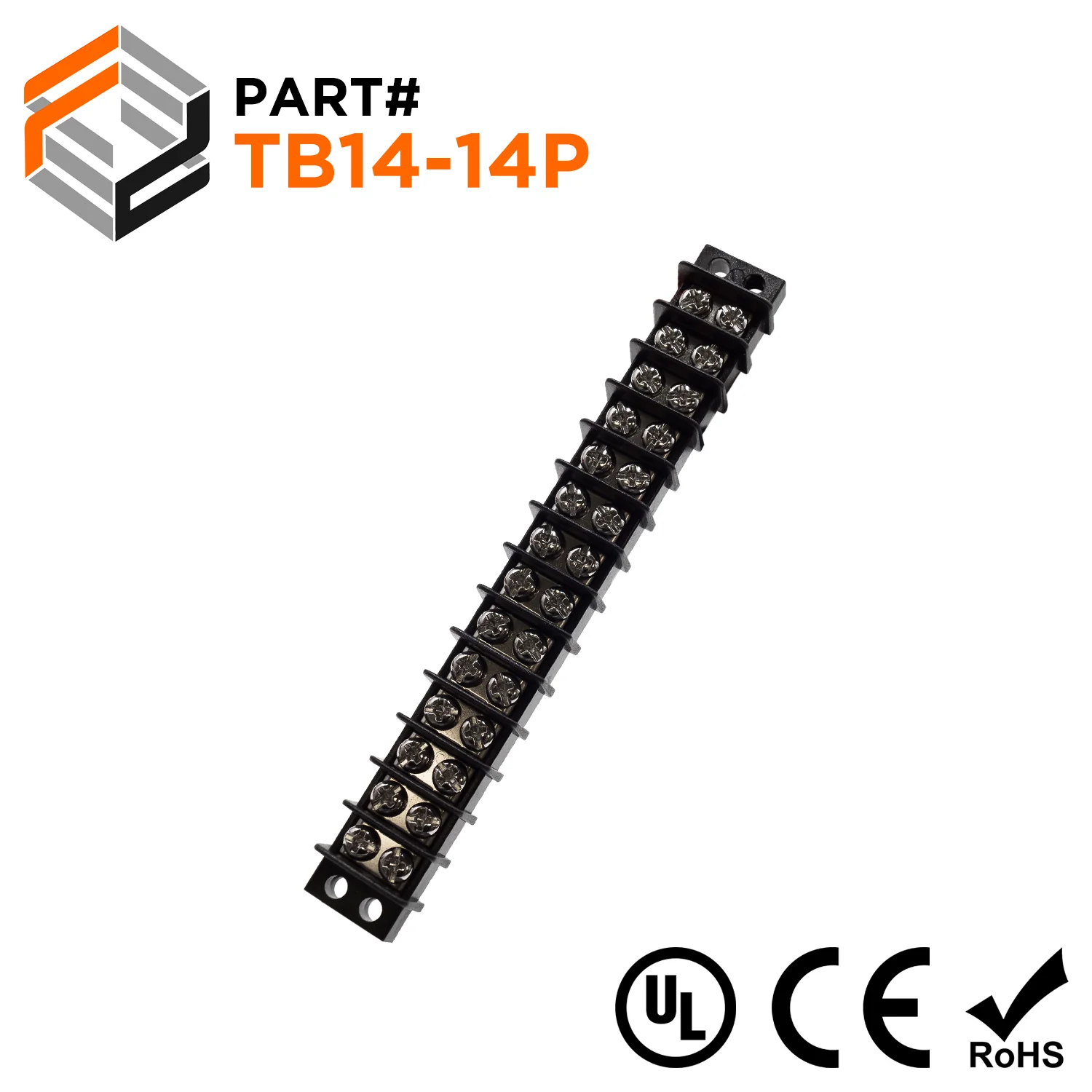 TB14-14P - Barrier Strip Terminal Block, Terminal Strip, 14 Pole, Double Row, 15A, 300V, UL Approved, 1 Piece