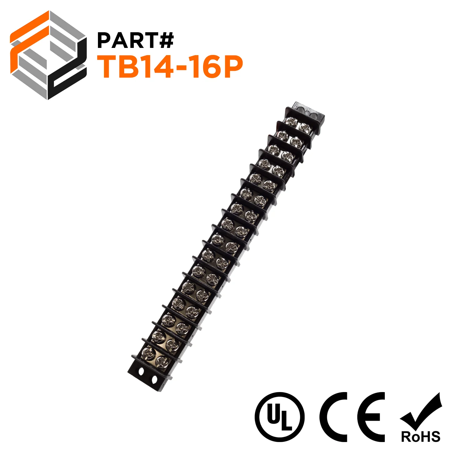 TB14-16P - Barrier Strip Terminal Block, Terminal Strip, 16 Pole, Double Row, 15A, 300V, UL Approved, 1 Piece