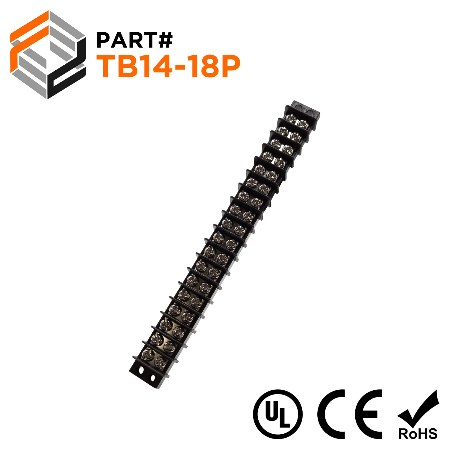 TB14-18P - Barrier Strip Terminal Block, Terminal Strip, 18 Pole, Double Row, 15A, 300V, UL Approved, 1 Piece