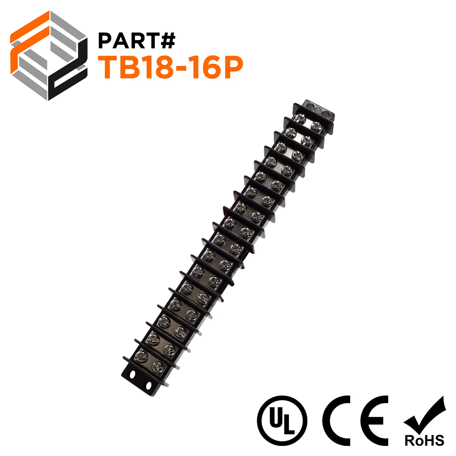 TB18-16P - Barrier Strip Terminal Block, Terminal Strip, 16 Pole, Double Row, 20A, 300V, UL Approved, 1 Piece