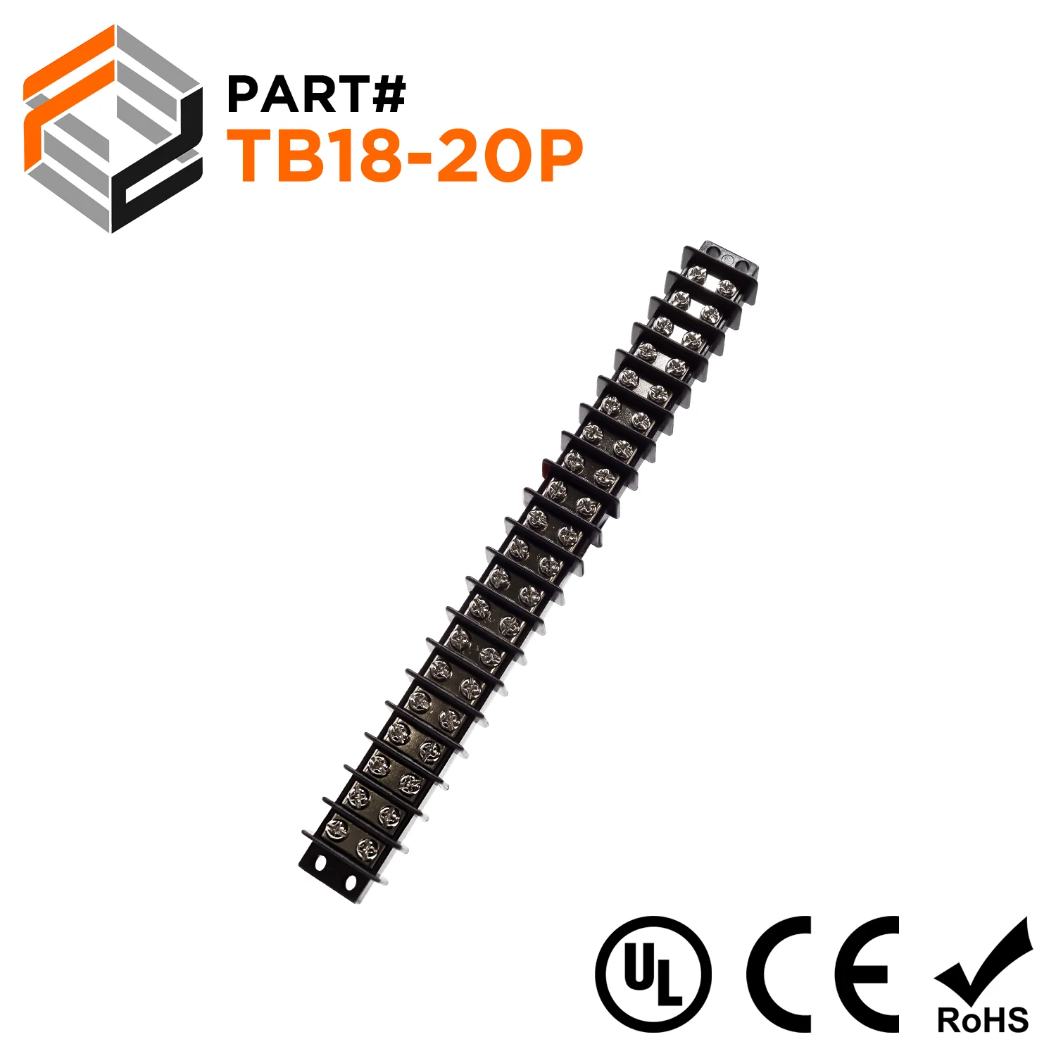 TB18-20P - Barrier Strip Terminal Block, Terminal Strip, 20 Pole, Double Row, 20A, 300V, UL Approved, 1 Piece