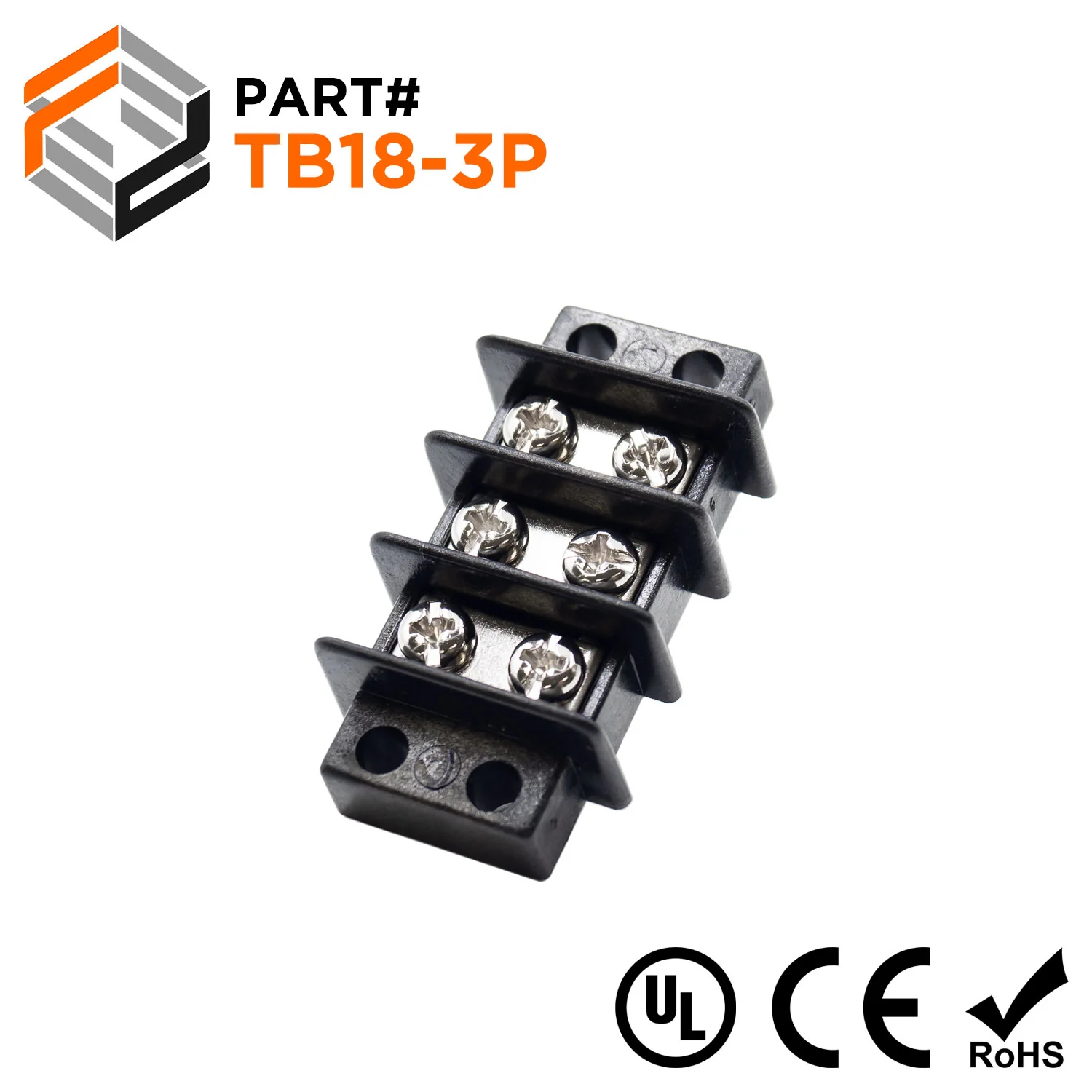 Barrier Strip Terminal Block, Terminal Strip, 3 Pole, Double Row, 20A, 300V, UL Approved - TB18-3P
