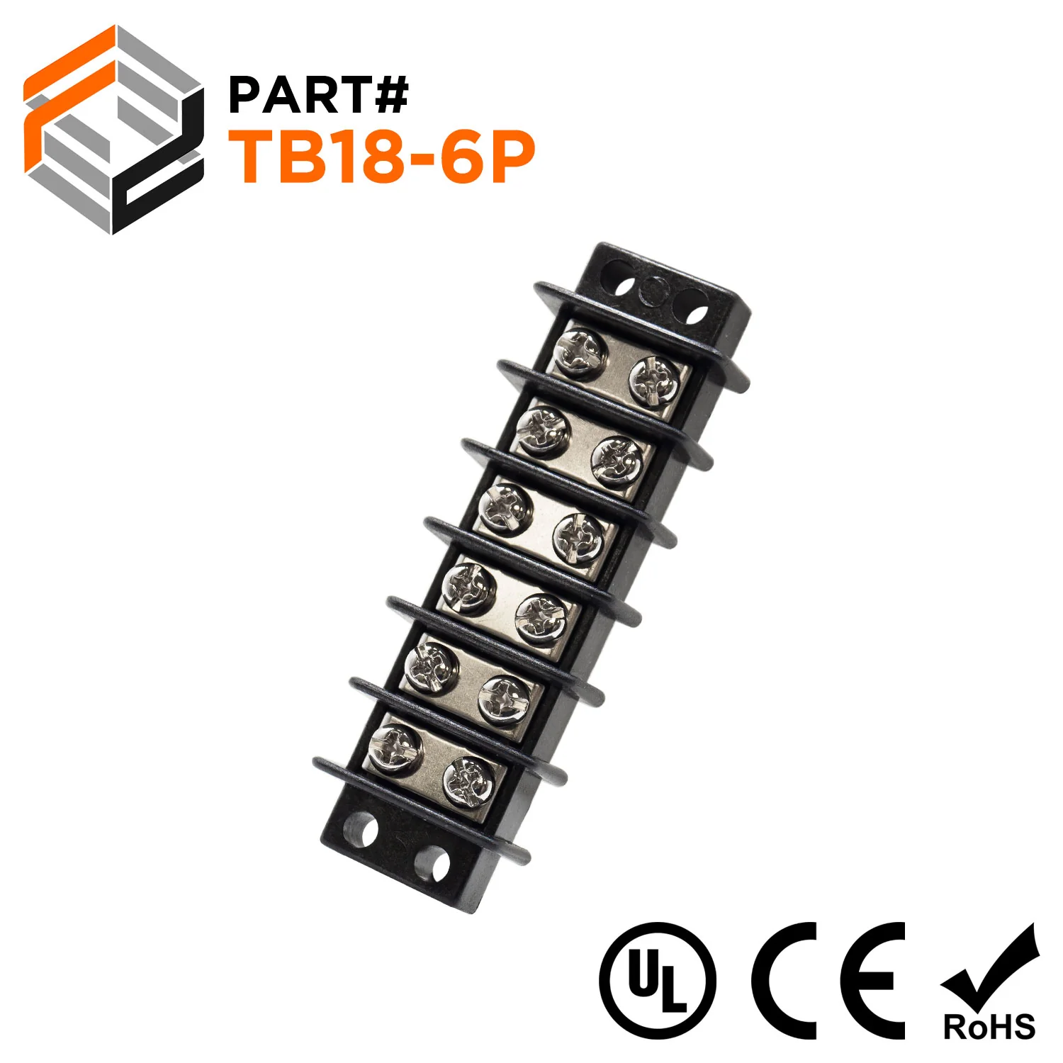 Barrier Strip Terminal Block, Terminal Strip, 6 Pole, Double Row, 20A, 300V, UL Approved - TB18-6P