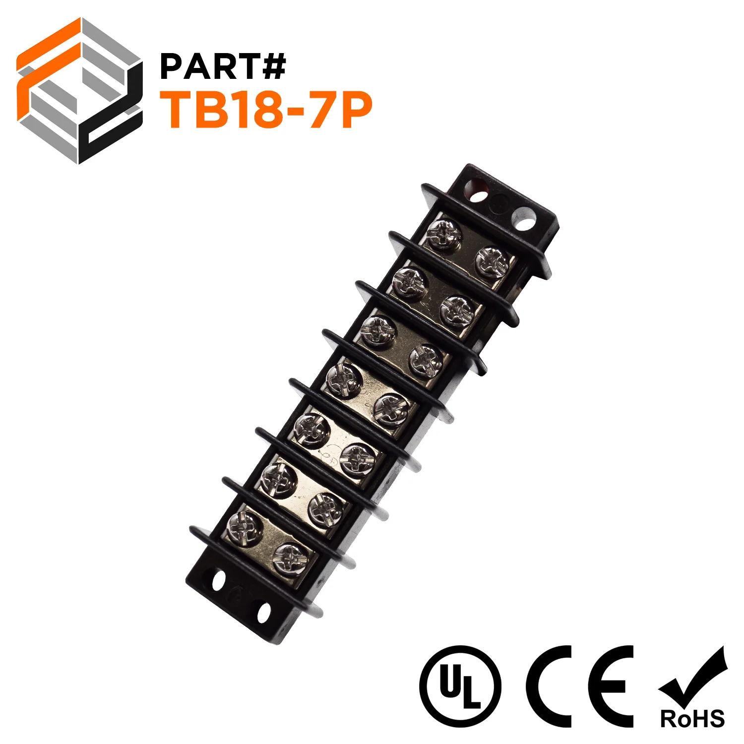 TB18-7P - Barrier Strip Terminal Block, Terminal Strip, 7 Pole, Double Row, 20A, 300V, UL Approved, 1 Piece