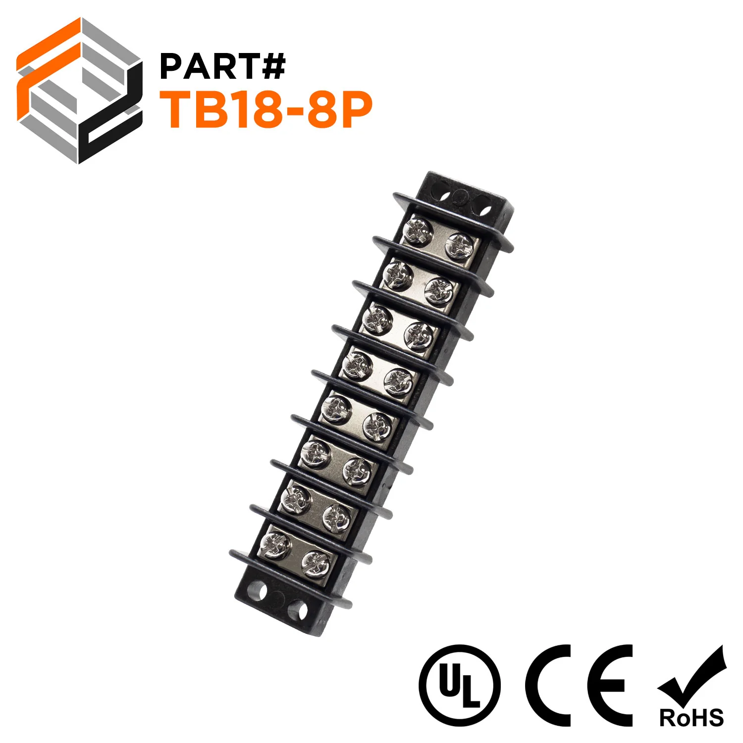 Barrier Strip Terminal Block, Terminal Strip, 8 Pole, Double Row, 20A, 300V, UL Approved - TB18-8P