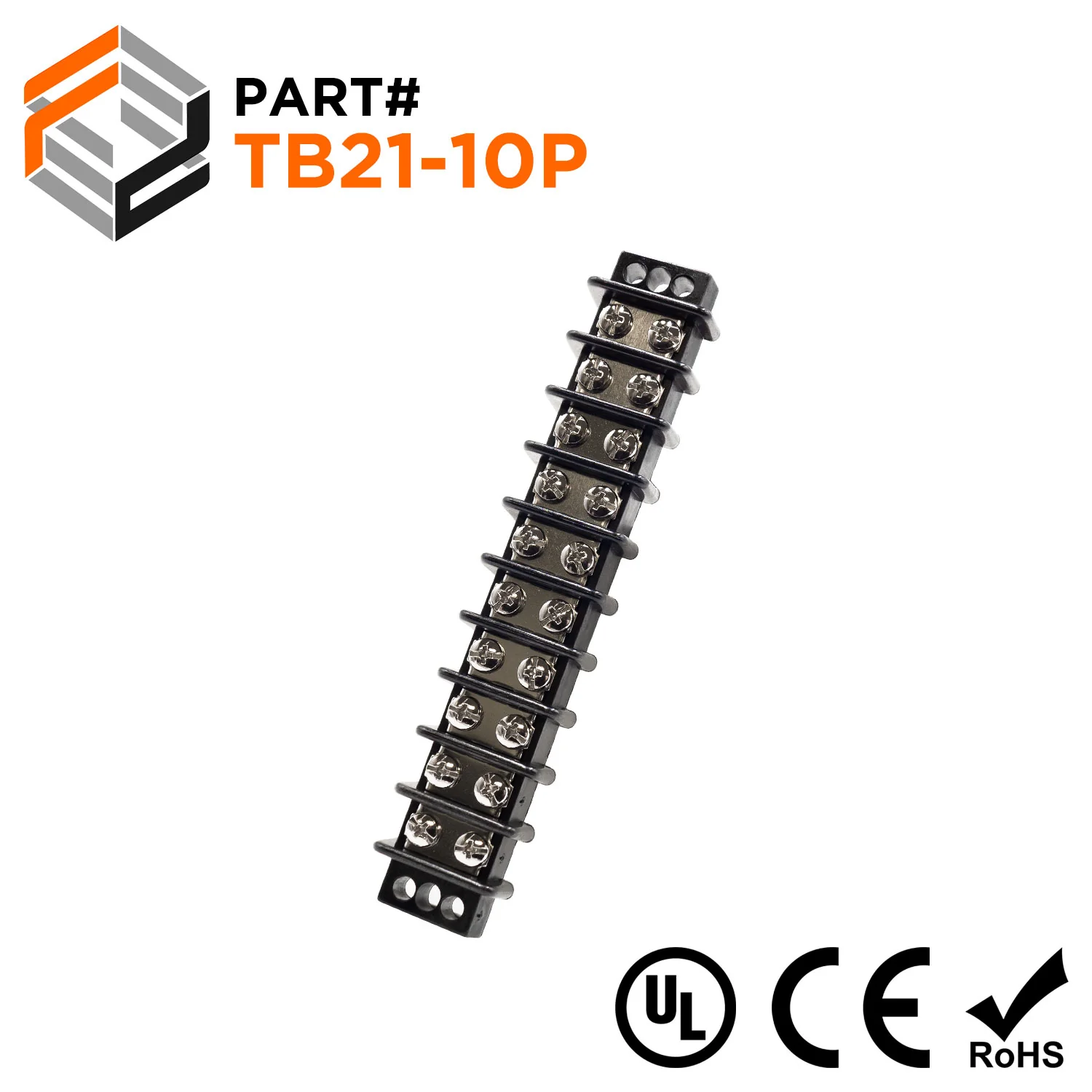Barrier Strip Terminal Block, Terminal Strip, 10 Pole, Double Row, 30A, 300V, UL Approved - TB21-10P