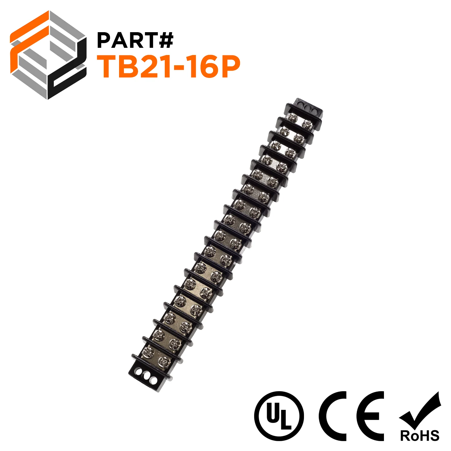 TB21-16P - Barrier Strip Terminal Block, Terminal Strip, 16 Pole, Double Row, 30A, 300V, UL Approved, 1 Piece