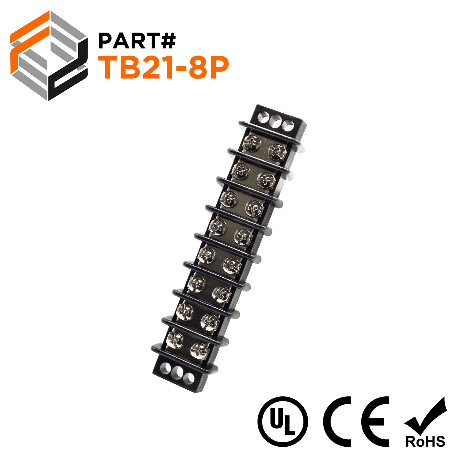 Barrier Strip Terminal Block, Terminal Strip, 8 Pole, Double Row, 30A, 300V, UL Approved - TB21-8P