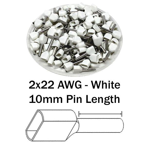 TD05010 - 22 AWG Twin Wire Ferrules, 10mm Pin, White, 500 Pieces