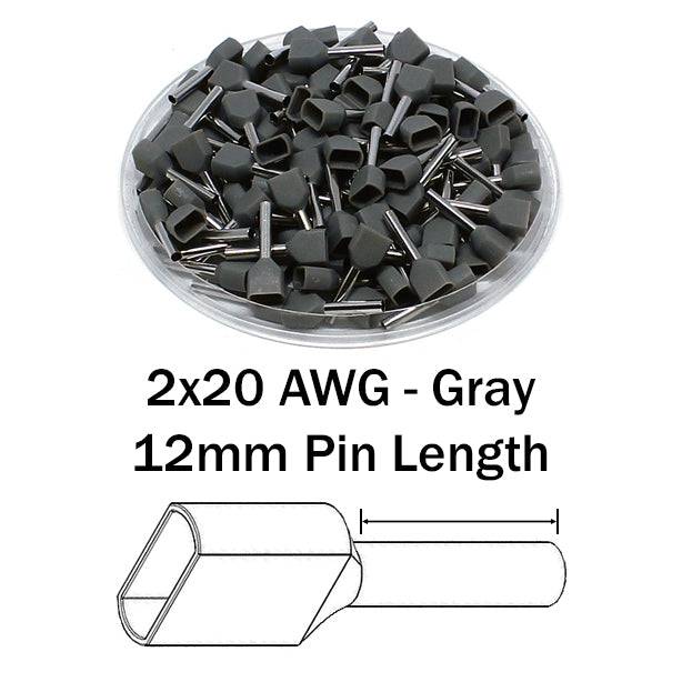 TD07512 - 2x20 AWG (12mm Pin) Twin Wire Ferrules - Gray, 500 Pieces