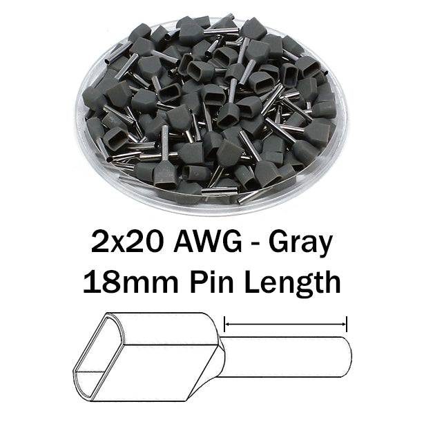 TD07518 - 20 AWG Twin Wire Ferrules, 18mm Pin, Gray, 500 Pieces