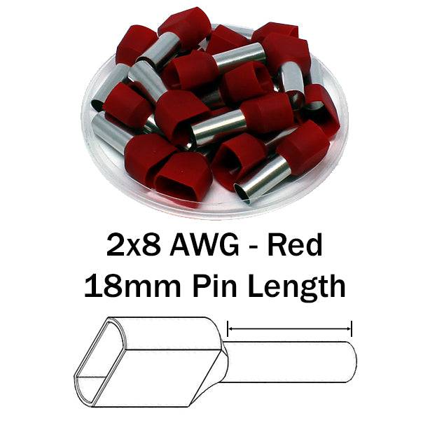 TD100018 - 2x8 AWG (18mm Pin) Twin Wire Ferrules - Red, 100 Pieces
