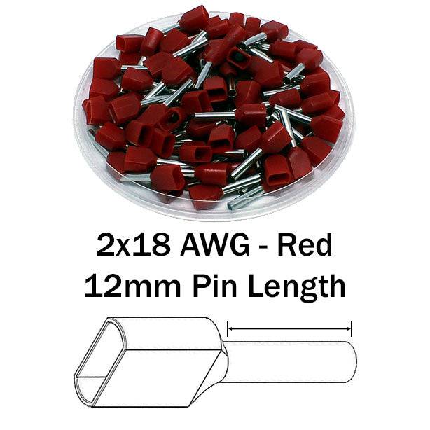 TD10012 - 2x18 AWG (12mm Pin) Twin Wire Ferrules - Red, 500 Pieces