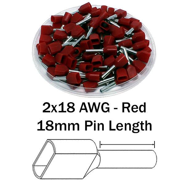 TD10018 - 18 AWG Twin Wire Ferrules, 18mm Pin, Red, 500 Pieces