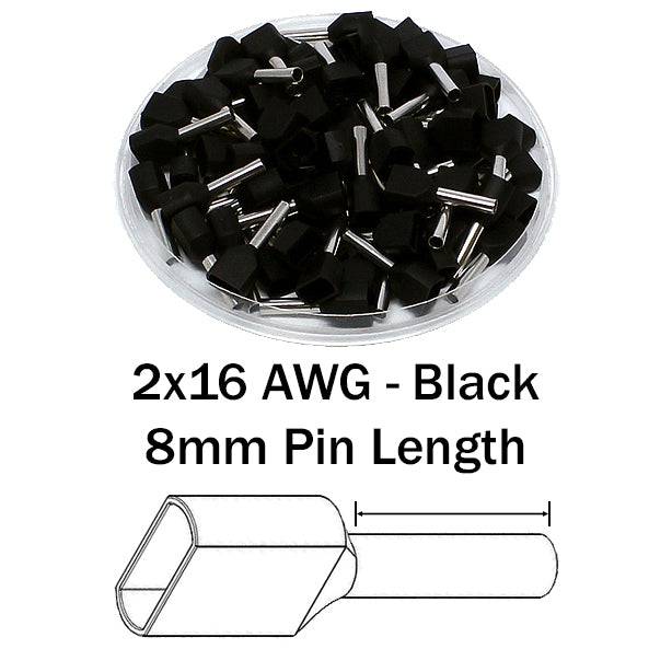 TD15008 - 16 AWG Twin Wire Ferrules, 8mm Pin, Black, 500 Pieces