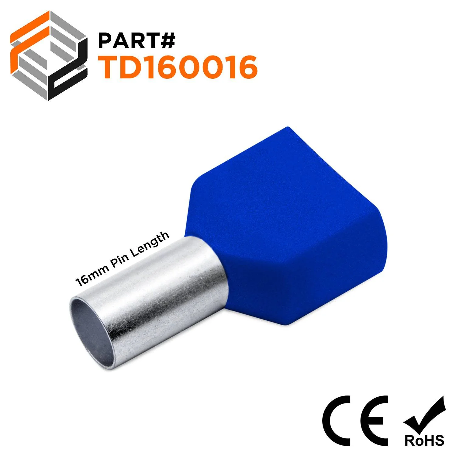 TD160016 - 6 AWG Twin Wire Ferrules, 16mm, Blue, 100 Pieces