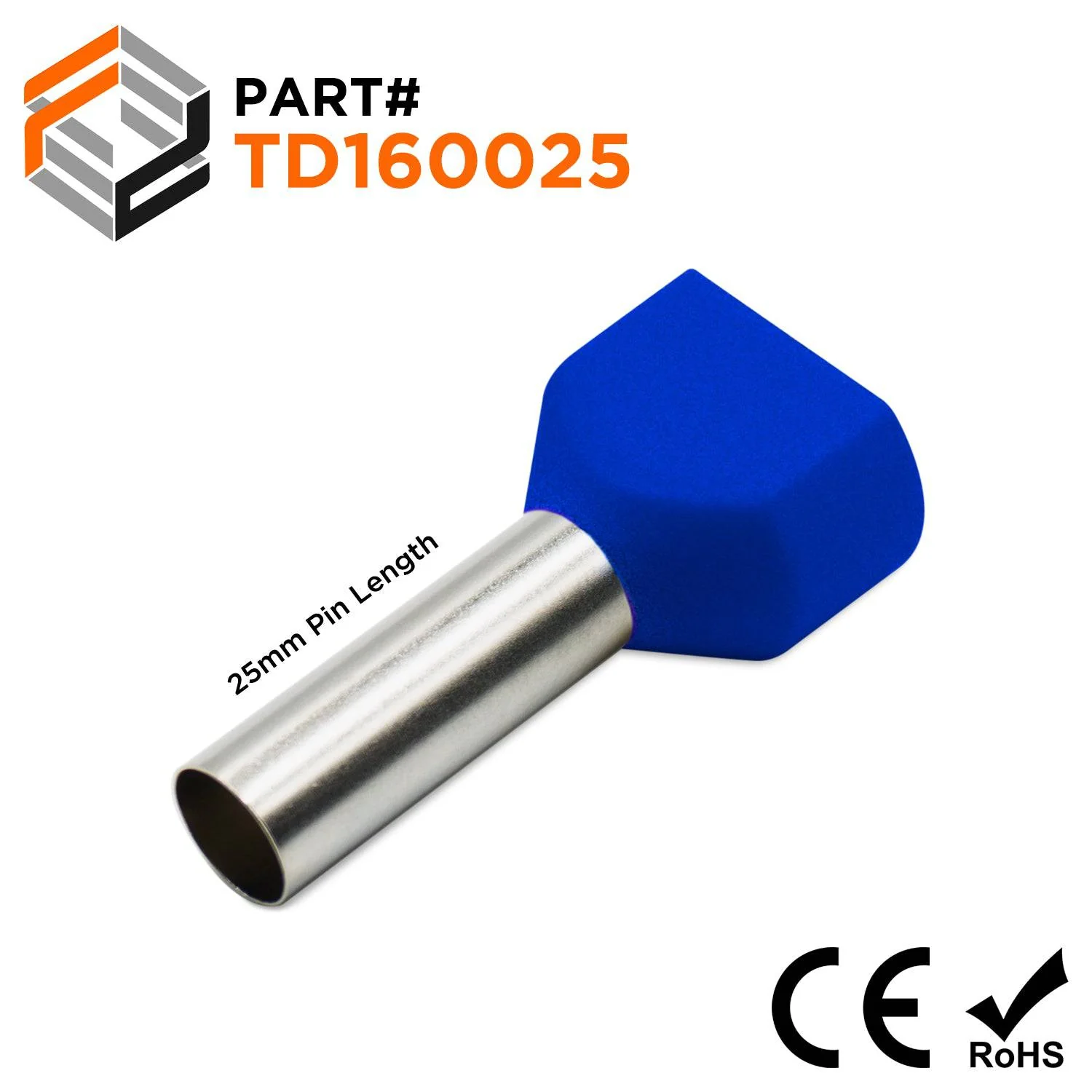 TD160025 - 2x6 AWG (25mm Pin) Twin Wire Ferrules - Blue, 100 Pieces