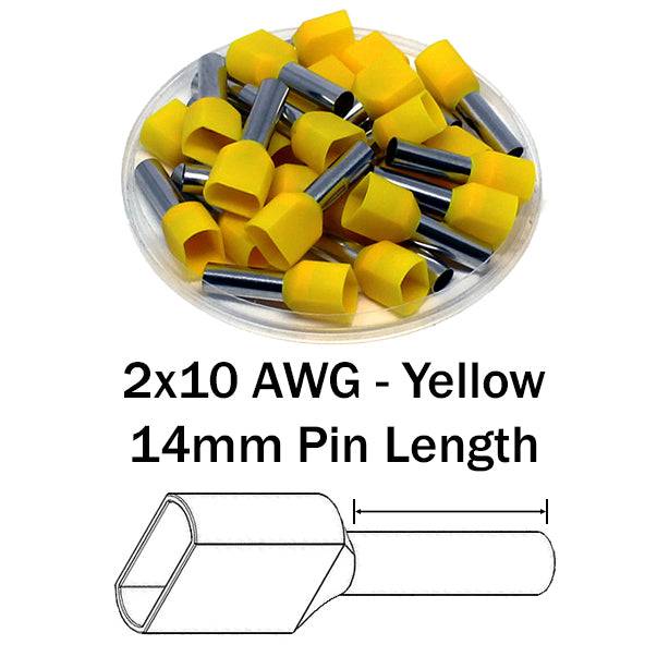 TD60014 - 10 AWG Twin Wire Ferrules, 14mm Pin, Yellow, 100 Pieces