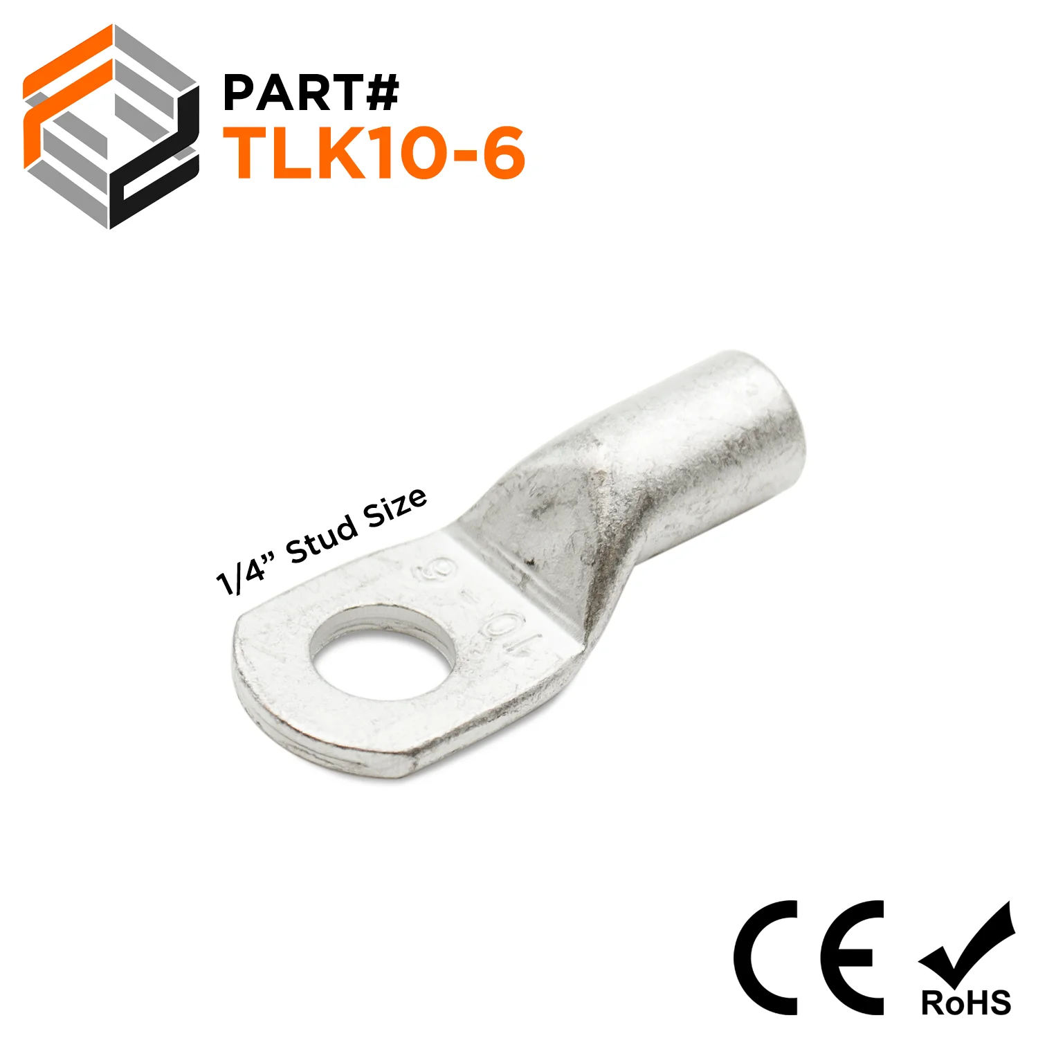 TLK10-6 - 8 AWG Copper Tube Lugs, 1/4" Stud, Tin Plated - 1/4" Stud, 25 Pieces