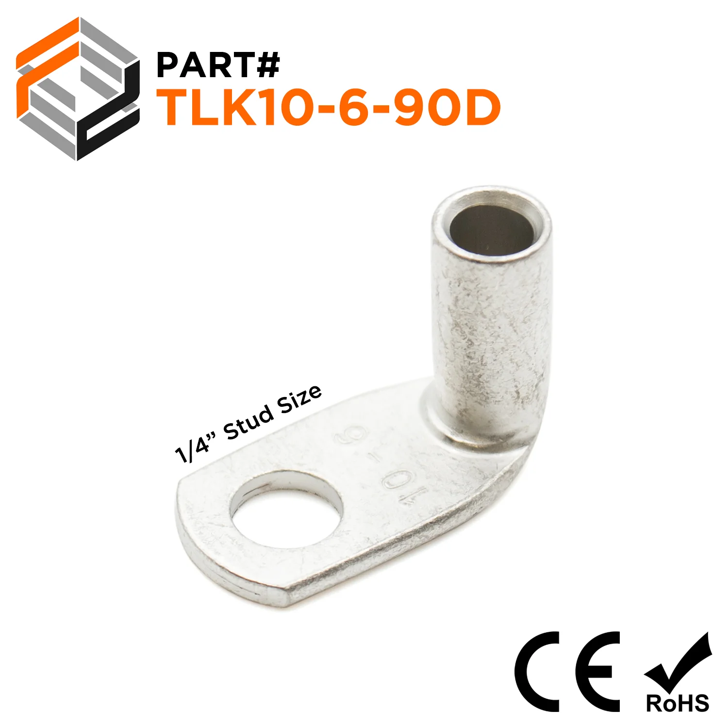 TLK10-6-90D - 8 AWG Copper Tube Lugs, 90 Degree, 1/4" Stud, Tin Plated - 1/4" Stud, 25 Pieces
