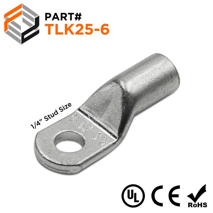 TLK25-6 - 4 AWG Copper Tube Lugs, 1/4" Stud, Tin Plated, 10 Pieces