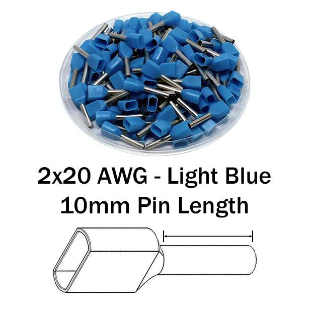 TT07510 - 20 AWG Twin Wire Ferrules, 10mm Pin, Light Blue, 500 Pieces